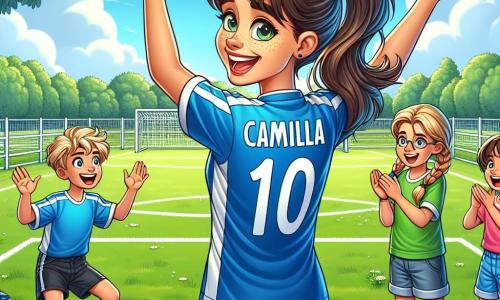 Camilla, una giovane donna atletica con i capelli castani raccolti in una coda di cavallo, sorride con entusiasmo, il suo viso radioso di determinazione e gioia. Indossa una maglietta da calcio blu con il numero 10, tenendo un pallone da calcio ai suoi piedi su un campo verde. Accanto a lei, un ragazzo di 12 anni, con i capelli biondi arruffati, alza le braccia al cielo, esprimendo gioia e ammirazione, mentre una ragazza di 11 anni, con le trecce e un sorriso splendente, applaude con entusiasmo. Il luogo è un piccolo campo da calcio in erba, circondato da barriere bianche, con alberi verdi sullo sfondo e un cielo blu punteggiato di nuvole bianche. La scena principale mostra Camilla mentre dà consigli ai bambini, incoraggiandoli a giocare insieme, mentre regna un'atmosfera di amicizia ed eccitazione.