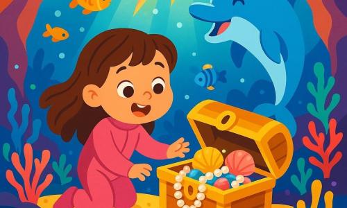 Una niña de 4 años, con largos cabellos castaños y ojos llenos de curiosidad, lleva un traje de buceo rosa. Está maravillada, con una gran sonrisa en su rostro, mientras descubre un tesoro submarino. A su lado, un delfín alegre, con escamas brillantes y aleta elegante, hace piruetas en el agua, añadiendo un toque de magia a la escena. El decorado es una caverna submarina, con paredes brillantes de colores vivos, corales multicolores y peces tropicales nadando a su alrededor. La luz del sol filtra a través del agua, creando reflejos dorados y arcoíris en el espacio. La situación principal muestra a la niña abriendo un cofre dorado, lleno de perlas brillantes y conchas coloridas, mientras el delfín la anima con saltos alegres, creando una atmósfera de aventura y descubrimiento.