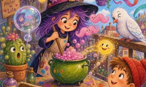 Bruja Lila (niña), alegre y traviesa, labios sonrientes, ojos grandes y brillantes, pelo violeta despeinado, lleva sombrero puntiagudo torcido y delantal manchado de pintura y remueve un pequeño caldero verde manzana que burbujea con pompas rosas; tres bigotitos rosas en forma de nube flotan alrededor de su rostro como mariposas de algodón; una paloma risueña, pequeña y blanca con plumas brillantes, se posa en la barandilla a la derecha mirando la poción; un cactus de burbujas con expresión sorprendida está en una mesa a la izquierda, soltando una gran burbuja que refleja la escena; un niño de unos 7 años en la calle de abajo, con gorro rojo y abrigo azul, mira hacia arriba y sonríe al ver una pequeña sonrisa flotando hacia él; la terraza elevada tiene techo violeta, jardineras con plantas de formas divertidas, guirnaldas y lazos coloridos al viento, mesa de madera manchada y silla que cruje; la poción forma una gran sonrisa flotante amarilla que se eleva dejando chispas y pequeñas burbujas brillantes; ambiente de colores vivos, texturas tipo crayón, trazos suaves y redondeados, atmósfera divertida, cálida y ligeramente encantada.