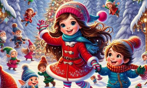 Una bambina di 9 anni, Sofia, con lunghi capelli castani e occhi pieni di curiosità, danza gioiosamente in una radura innevata, circondata da fiocchi di neve scintillanti. Indossa un cappotto rosso vivo, un berretto di lana e guanti colorati, e il suo viso brilla di eccitazione e felicità. Accanto a lei, il suo fratellino Marco, di 6 anni, con capelli biondi disordinati e un grande sorriso, si diverte a fare palle di neve, lanciandole in aria con entusiasmo. È vestito con una tuta da sci blu e una sciarpa a righe. Sullo sfondo, un gruppo di creature magiche, come gnomi ed elfi, si trova intorno a un grande albero di Natale decorato con ghirlande scintillanti, in una foresta magica dove la neve ricopre il terreno e i rami degli alberi, creando un'atmosfera incantata. La scena principale mostra Sofia e Marco che danzano e giocano insieme, circondati dai loro nuovi amici, celebrando gioiosamente il Capodanno in un'atmosfera festosa e incantata, con stelle brillanti nel cielo notturno.