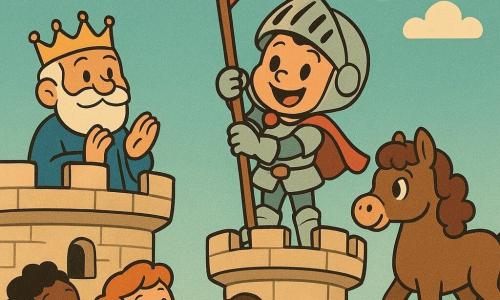 Een jonge ridderjongen Bram, glimlachend en trots, glanzende helm, kleine rode cape en eenvoudige glanzende harnas, hij hijst hoog een grote rode vlag op de ronde kasteeltoren; geen prinses/koning aanwezig, naast hem een oude koning van ongeveer 60 jaar applaudisseert zacht in een blauwe mantel en gouden kroon op het terras links van de ridder; rechts staat het bruine pony'tje Pluis met een krullende manen en een appel aan zijn voeten; enkele dorpskinderen (gemengd, 5–8 jaar) klappen op het geplaveide plein onder de toren, kleurrijke eenvoudige kleren; kasteel in licht steen, felrode vlag, blauwe lucht en groen gras, afgeronde stijl met dikke lijnen, vreugdevol rustig moment, zachte lichtinval en warme kleuren, compositie gecentreerd op de ridder en de toren.