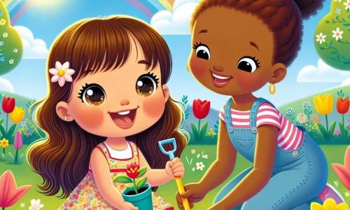 A 4-year-old girl with long brown hair and sparkling eyes is crouched in a sunny garden, holding a small plastic shovel. She smiles in wonder as she looks at a tiny seed she just planted in the soil. Next to her, her mother, a woman in her 30s with brown hair in a bun and wearing a colorful dress, leans down to help her, smiling with pride. The garden is filled with colorful flowers, including red tulips, yellow daffodils, and white daisies, under a clear blue sky dotted with a few white clouds. The main scene shows the girl and her mother planting seeds, surrounded by the beauty of spring, with butterflies flying around them, symbolizing the magic and new life of the season.