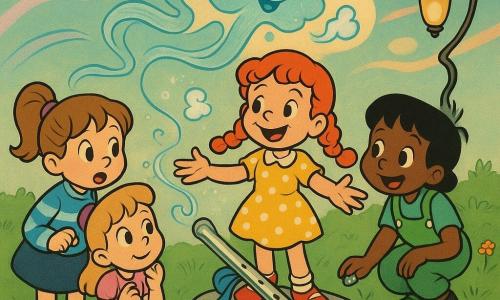 Four girls on a grassy hilltop: Rosie, 6, red curly braided hair, yellow polka-dot dress and scuffed red shoes, standing on a flat stone center with open hands and a mischievous smile; Mia, 5, light brown hair in pigtails, blue striped sweater and mismatched socks, left of Rosie, leaning in with an amazed look holding a half-eaten biscuit; Poppy, 6, short black hair, green overalls with a large pocket and a dragon-pattern shoe, right of Rosie, crouched picking up a small sparkling pebble; Lila, 6, straight blond hair with a purple ribbon, sugar-paste colored dress, just behind Rosie with hands clasped and a serious, attentive expression. The hilltop has silver flat stones, waving grass, small orange and mauve flowers, a pond with lilies below and a crooked lamppost; a long silver wind flute with a blue ribbon and star-decorated holes rests on a central rock. The girls have just unlocked an enchanted wind flute that blows out a lively ribbon of wind filled with tiny laughing bubbles and a tiny cup-shaped cloud; soft light, joyful expressions, exaggerated cartoon motion with floating hair and ribbons, bright contrasting colors, humorous fantastical mood.
