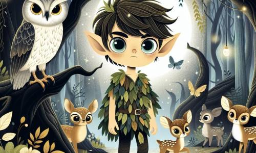 An illustration depicts a young sprite, a boy with moon-like bright eyes and pointed ears, standing bravely in a mysterious forest. He has a determined expression, his hair slightly floating in the wind, and wears a tunic made of leaves and flowers. Nearby, a large owl with silver feathers and deep, night-like eyes perches on a branch, observing with a wise and protective demeanor. A group of small forest creatures resembling fawns with bright eyes and delicate legs hides behind a tree, their faces showing both curiosity and fear. The main setting is an enchanted forest with twisted, dark-trunked trees reaching towards a misty sky, where glowing vines hang from branches, illuminating the ground covered in golden leaves and night flowers. The main scene shows the young sprite facing moving shadows dancing around him, their indistinct shapes blending with the mist, as he stands firm, ready to uncover the secrets of this forgotten forest. Additional graphic elements include bursts of light from the vines, glowing eyes of hidden creatures, and sinister shadows weaving between the trees, creating a magical yet slightly eerie atmosphere.