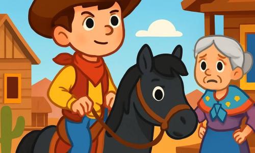 Ein junger Cowboy, Tommy, ein 10-jähriger Junge mit einem großen braunen Cowboyhut und einem mutigen Lächeln, sitzt auf seinem schwarzen Pferd namens Blitz. Er hat glänzende, entschlossene Augen und schaut mit einer tapferen Miene in die Ferne. Neben ihm steht eine alte Frau aus dem Dorf, etwa 70 Jahre alt, mit grauen Haaren und einem bunten Schal, auf der Veranda ihres Holzhauses, die Hände in die Hüften gestützt, besorgt aber voller Hoffnung. Die Szenerie ist ein Cowboydorf unter einem strahlend blauen Himmel, mit Holzhäusern, grünen Kakteen und Bergen in der Ferne. Die Hauptsituation zeigt Tommy, der bereit ist, den Banditen nachzujagen, die Vorräte stehlen, entschlossen, sein Dorf zu schützen und den Frieden wiederherzustellen.