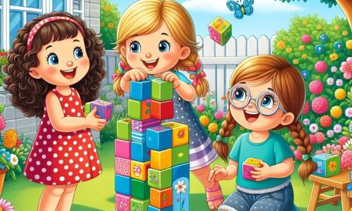 Trei fete fericite, Mia, Ana și Lili, sunt adunate într-o curte însorită plină de flori colorate. Mia, o fetiță de 8 ani cu părul creț și brunet, poartă o rochie roșie cu buline și zâmbește ținând un cub de joc în mâini. Lângă ea, Ana, o fetiță de 7 ani cu părul blond împletit, poartă un tricou albastru și privește cu entuziasm vârful turnului de cuburi pe care îl construiesc. Lili, o fetiță de 6 ani cu părul castaniu și ochelari, este puțin în spate, râzând în timp ce ține o scară mică din lemn. Curtea bunicii este un loc magic, plin de flori strălucitoare, fluturi care zboară și un copac mare cu frunze verzi. La mijloc, un covor de iarbă moale și verde servește ca scenă pentru aventura lor. Fetele încearcă să construiască un turn imens de cuburi de joc, dar turnul se prăbușește brusc, provocând hohote de râs și zâmbete strălucitoare.