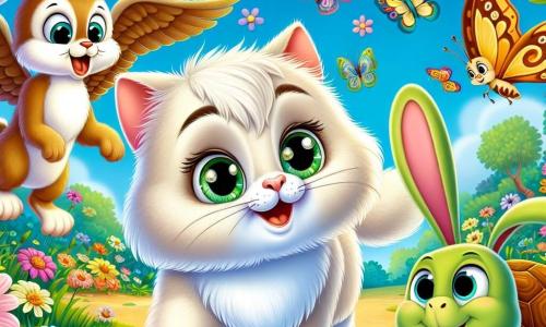 A cat named Whiskers, with soft, fluffy cream-colored fur and sparkling green eyes, is at the center of the image, displaying a curious and excited expression as he watches a beautiful colorful butterfly. Next to him, Benny, a small rabbit with large ears and light brown fur, is joyfully hopping with a smile on his face, ready to help his friend. Clara, a wise owl with brown feathers and big round eyes, is perched on a tree branch, watching the scene with kindness. Timmy, a small turtle with a green shell and mischievous eyes, is slowly moving along the ground, determined to assist. The setting is a vibrant and colorful garden, filled with bright flowers of all colors, with butterflies flying around and a clear blue sky in the background. The main scene shows Whiskers and his friends freeing a butterfly caught in a spider's web, illustrating the spirit of teamwork and friendship that binds them.