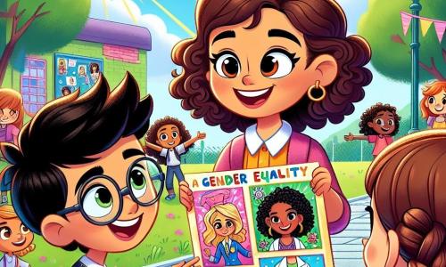 No centro da imagem, Clara, uma menina de 10 anos com cabelos castanhos cacheados e um sorriso radiante, segura um grande cartaz colorido com mulheres inspiradoras. À sua direita, Ana, uma menina de 9 anos com cabelos loiros trançados e óculos, aponta para uma foto de uma atleta famosa no cartaz. À esquerda, Miguel, um menino de 10 anos com cabelos negros e óculos, observa atentamente outra imagem de uma cientista, com uma expressão admirada. O fundo mostra um pátio escolar animado, com árvores verdes, bancos coloridos e outras crianças brincando e conversando alegremente. O céu é azul com algumas nuvens brancas, e raios de sol iluminam a cena. Clara, Ana e Miguel estão apresentando seu projeto sobre igualdade de gêneros para um grupo de crianças curiosas, todas cativadas pelo entusiasmo e pela mensagem de unidade.