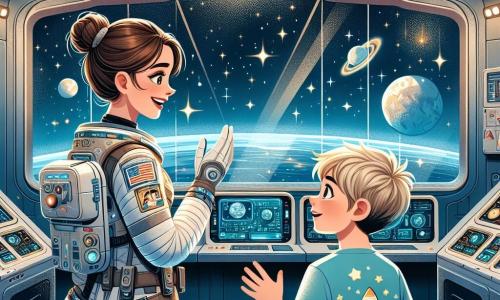 Astrid, astronautka z brązowymi włosami związanymi w kok, nosi białą i srebrną kombinezon. Jej twarz promienieje ekscytacją i determinacją, gdy stoi przed dużym oknem stacji kosmicznej, podziwiając migoczące gwiazdy i Ziemię poniżej. Obok niej Jasio, ośmioletni chłopiec z blond włosami i błyszczącymi oczami, patrzy z zachwytem. Ma na sobie niebieską koszulkę z nadrukowaną rakietą i trzyma mały notes, w którym rysuje gwiazdy. Miejsce to futurystyczna stacja kosmiczna z błyszczącymi metalowymi ścianami, jasnymi ekranami kontrolnymi i oknami oferującymi spektakularny widok na przestrzeń. Główna sytuacja pokazuje Astrid wyjaśniającą Jasiowi cuda wszechświata, podczas gdy razem obserwują planety i gwiazdy, symbolizując zdumienie i ciekawość, które łączą ich w tej kosmicznej przygodzie.