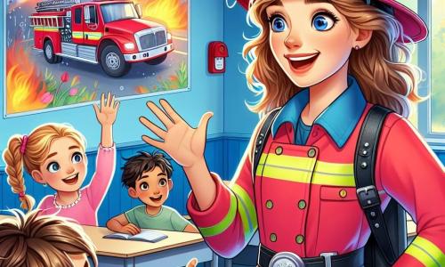 Uma jovem, Sofia, fala entusiasticamente com as crianças em uma sala de aula iluminada. Ela usa um uniforme de bombeiro vermelho vivo, com um capacete brilhante e um grande sorriso, mostrando sua paixão e determinação. Ao lado dela, um garoto de 8 anos, Lucas, a escuta com olhos arregalados, fascinado por suas histórias. Ele tem cabelo castanho bagunçado e usa uma camiseta azul com um desenho de caminhão de bombeiro. No fundo, uma menina de 7 anos, Emma, levanta a mão com empolgação, seus cabelos loiros trançados flutuando ao seu redor. Ela usa um vestido rosa e parece ansiosa para fazer uma pergunta. A sala de aula é decorada com desenhos coloridos de bombeiros e caminhões, com janelas que deixam entrar a luz do sol, criando uma atmosfera alegre e acolhedora. Sofia explica como ajuda pessoas e animais em caso de incêndio, enquanto um alarme soa repentinamente, adicionando um toque de urgência à cena.