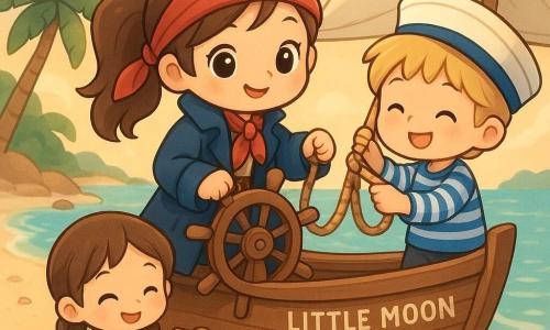 The protagonist is a smiling, brave female pirate with a red neckerchief, brown pigtails and an oversized navy coat, holding the wooden helm rope of a small boat; an about-8-year-old blond boy in an oversized sailor hat helps trim a sail beside her, and a 6-year-old girl with braided hair and a sandy yellow dress crouches on the pale sand holding an open wooden box of buns; the small cove with leaning palms, colorful shells, round rocks, turquoise water and light mist at sunset shows the boat 