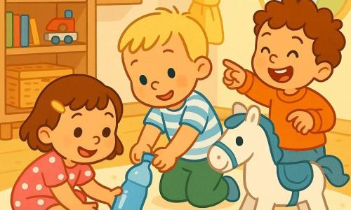 Drei Kinder: Lina, ca. 3 Jahre, kurzes braunes Haar mit gelber Haarklammer, rosa Kleid mit weißen Punkten, hockt links am Schaukelpferd und lächelt die Flasche an; Ben, ca. 3 Jahre, blonder Bürstenschnitt, hellblau-weiß gestreiftes T-Shirt, grüne Hose, kniet vor dem Pferd und zieht mit beiden Händen an der blauen Flasche; Oskar, ca. 3 Jahre, kastanienbraune Locken, oranger Pullover, steht rechts am Pferd, lacht und zeigt auf die Flasche. Helles, warmes Kinderzimmer mit cremefarbenem Teppich und kleinen Sternen, hellen Holzregalen mit bunten Büchern und Spielzeug, Korbtruhe und rundem Fenster mit weichem Morgenlicht. Fröhliche Szene: Die drei kleinen Entdecker haben eine blaue Wasserflasche unter einem weiß lackierten Schaukelpferd mit blauer Satteldecke gefunden; ein kleiner Wasserfleck auf dem Teppich glitzert leicht, neugierige und lachende Gesichter, lebhafte Gesten, sanft-verspielte Atmosphäre.