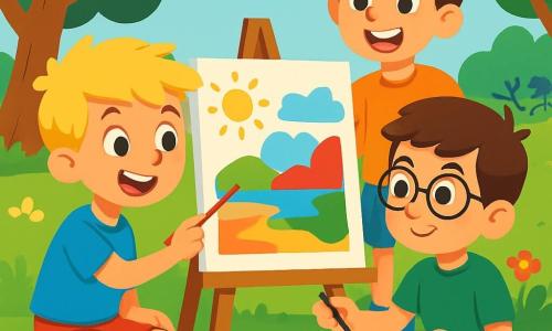 Er zijn 3 personages: - Kasper: een 10-jarig jongen met tousled blond haar en nieuwsgierige ogen. Hij draagt een blauwe t-shirt en een rode short, en hij is bezig met het schilderen van een kleurrijk landschap op een groot vel papier. - Levi: een 10-jarig jongen met bruin haar en ronde bril. Hij draagt een groene t-shirt en een gele short, en hij zit naast Kasper, terwijl hij kleuren mengt op zijn palet. - Tim: een 10-jarig jongen met kastanjebruin haar en een stralende glimlach. Hij draagt een oranje t-shirt en een marineblauwe short, en hij staat achter hen, enthousiast hun werk te observeren. De locatie is een zonnig park, vol weelderig groen en kleurrijke bloemen. Majestueuze bomen bieden schaduw, terwijl een groep kinderen in de verte speelt. Een groot wit doek staat op een ezel, en potten met levendige verf zijn verspreid om hen heen, wat een vrolijke en creatieve sfeer creëert. De belangrijkste situatie toont de jongens die druk bezig zijn met artistieke activiteiten, lachend en ideeën uitwisselend terwijl ze samen schilderen. De heldere kleuren van hun werken contrasteren met het groen van het park, en de sfeer is gevuld met kameraadschap en zomerse vreugde.