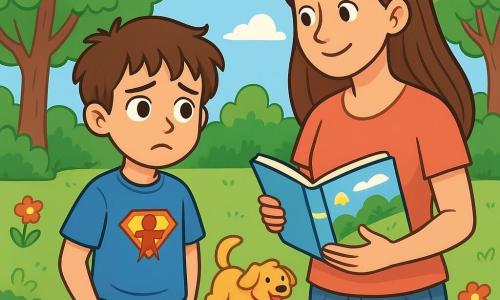 Un niño de 8 años, llamado Marcos, con cabello castaño desordenado y grandes ojos expresivos, está en medio de un parque, con aire pensativo y un poco triste. Lleva una camiseta azul con un dibujo de superhéroe y un short verde, con las manos en los bolsillos. A su lado, su mamá, una mujer de unos treinta años con cabello largo y castaño, lo mira con una sonrisa dulce y reconfortante, sosteniendo un libro ilustrado en sus manos. Al fondo, un perrito de pelo dorado, Luna, juega alegremente con una pelota colorida, añadiendo un toque de alegría a la escena. El parque está lleno de árboles verdes, flores coloridas y un cielo azul claro, creando un ambiente cálido. La situación principal muestra a Marcos y su mamá conversando, mientras el perrito se divierte, simbolizando el amor y el apoyo familiar a pesar de los cambios en sus vidas.