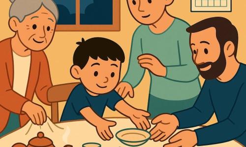 Un niño de 6 años, rostro redondo, pelo negro corto, mirada concentrada y sonrisa tímida, extiende ambas manos para alcanzar un plato que se desliza hacia el borde de la mesa; a su derecha, la madre (unos 30 años) con el pelo recogido en un moño, expresión suave y gestos tranquilos, toma su mano o muestra cómo mover el plato; a la izquierda, la abuela (unos 65 años) con canas en moño y sonrisa paciente, estira el borde del tapete para estabilizar la mesa; frente al niño, un vecino adulto (unos 40 años) con barba corta sostiene el plato con una mano y sonríe. Sobre la mesa hay té humeante en una tetera, tacitas, un frasco abierto de “polvito de abrazo” (polvo marrón con puntos más oscuros), una fuente de galletas y un vaso que tintinea. La escena es un comedor cálido de noche con luz amarilla suave, una ventana que muestra el cielo crepuscular con algunas estrellas y un calendario de Ramadán en la pared con casillas y una marcada; el momento transmite cooperación tranquila y sonriente durante el iftar, gestos atentos y expresiones benevolentes. Paleta de colores: tonos cálidos (ocre, terracota, verde menta, azul noche), contrastes suaves, formas simples y contornos nítidos de estilo infantil.