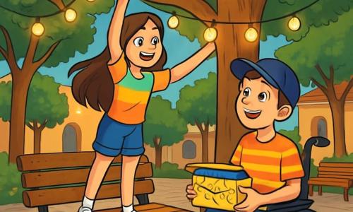 Hay 2 personajes principales: - Clara: una niña de 12 años, con cabello largo y castaño y ojos brillantes. Lleva una camiseta colorida y un short, y está de pie sobre un banco, sonriendo, mientras extiende una guirnalda luminosa hacia una rama de árbol. - Mateo: un niño de 12 años, con cabello corto y una sonrisa cálida. Está sentado en su silla de ruedas, lleva una gorra y una camiseta a rayas, sosteniendo una caja de bombillas LED, mirando a Clara con admiración. El lugar es una encantadora plaza pequeña, rodeada de viejos árboles con hojas verdes y un gran árbol central cuyas ramas se extienden como brazos acogedores. Hay bancos de madera dispuestos en círculo y guirnaldas luminosas colgadas entre las ramas, creando un ambiente cálido y festivo. El suelo está pavimentado con losas antiguas y flores coloridas crecen en macetas de terracota. La situación principal muestra a Clara colgando luces entre las ramas del árbol, mientras Mateo, con una mirada concentrada, la ayuda a organizar las guirnaldas. Juntos, preparan una hermosa noche estrellada para reunir a todos sus amigos y familiares, ilustrando el espíritu de colaboración y creatividad.