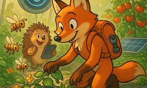 An anthropomorphic fox with copper-orange fur, curious smiling eyes, kneeling and gently pulling a vine off a small solar panel while wearing an orange backpack and a dangling flashlight, watched by a surprised, delighted hedgehog friend holding a tablet; shiny brass robotic bees buzz among the vine flowers, a round greenhouse screen with a smiling digital face and blinking blue lights hangs on the wall, sunlight streams through a clear glass dome over wet stone paths, rows of bright red tomatoes and emerald leaves, flat solar panels integrated into the floor and ledge, warm optimistic scene with saturated colors and focused composition.