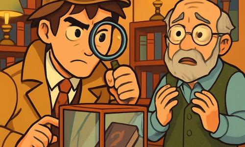 Een mannelijke detective, Erik, in zijn dertiger jaren, met rommelig bruin haar en een vergrootglas in zijn hand, heeft een geconcentreerde en vastberaden uitdrukking op zijn gezicht. Hij draagt een beige trenchcoat en een detectivehoed, terwijl hij voor een bibliotheekvitrine staat, met zijn ogen gericht op een mysterieus verdwenen boek. Naast hem staat een oudere man, meneer Jansen, de bibliothecaris, ongeveer 60 jaar oud, met ronde brillen en een grijze baard, die Erik bezorgd aankijkt, met licht trillende handen. Hij draagt een wollen vest en staat dicht bij de vitrine, zichtbaar bezorgd over de verdwijning van het boek. De scène speelt zich af in een warme bibliotheek, met houten planken vol kleurrijke boeken, oude lampen die de ruimte verlichten en zachte tapijten op de vloer. Posters van verhalen en legendes sieren de muren, wat een vleugje magie aan de omgeving toevoegt. De hoofdactie toont Erik die aandachtig de open vitrine onderzoekt, terwijl meneer Jansen, bezorgd, naast hem staat en naar antwoorden zoekt over het mysterie van het verdwenen boek.