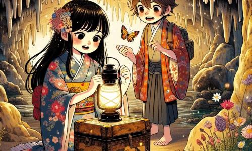 Aiko, o tânără cu păr lung, negru și strălucitor, poartă un kimono colorat cu motive florale. Are o privire curioasă și uimită, cu un zâmbet radiant, în timp ce explorează o peșteră misterioasă. Alături de ea se află Haru, un băiat de aproximativ 12 ani, cu părul castaniu în dezordine și ochii strălucind de entuziasm. El ține o lampă cu ulei care luminează pereții peșterii, dezvăluind picturi rupestre vechi. Peștera este vastă, cu stalactite strălucitoare care cad de pe tavan și umbre dansante create de lumina lămpii. Flori sălbatice și rădăcini de copaci ies din crăpăturile pereților, adăugând o notă de culoare mediului întunecos. Aici, Aiko și Haru descoperă o cutie veche din lemn, împodobită cu motive delicate, pe care tocmai au găsit-o în centrul peșterii. Privirile lor sunt pline de uimire și curiozitate, pregătindu-se să deschidă cutia, nerăbdători să descopere secretul pe care îl ascunde.