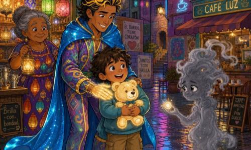 Un hombre, Ario, sonriente y decidido, con mechones dorados y capa azul brillante, posa una mano luminosa sobre un pequeño oso de peluche para devolverle su luz en actitud protectora; un niño de unos 6 años, con cabello castaño despeinado, abraza el oso feliz junto a Ario; la señora Mira, anciana con moño gris y vestido con motivos de faroles, sostiene un pequeño farol aliviado y sonríe junto a un puesto de lámparas; Silencio Breve, figura de humo gris con ojos tímidos, se disipa en volutas pero ofrece una pequeña luz mostrando reconciliación; todo ocurre en una plaza de barrio neón de noche, pavimentos mojados que reflejan neones rosas, verdes y azules, vitrinas luminosas, guirnaldas de farolillos y una pequeña cafetería; Ario devuelve las luces tras un corte y calma a Silencio Breve, ambiente cálido, colores saturados y contrastes luminosos con gestos solidarios y expresiones claras.