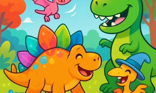 A stegosaurus named Spike, with shiny, colorful plates on his back, stands joyfully at the center of the scene, displaying a big smile and sparkling eyes of excitement. Next to him, a small pterodactyl named Peppy, with pink feathers and translucent wings, flies in circles around him, laughing and flapping her wings enthusiastically. Not far away, a friendly T-Rex, with a bright green body and gleaming white teeth, stands smiling and ready to laugh, his large size contrasting with the other characters. The setting is a sunny clearing filled with colorful flowers shining in the light, surrounded by tall trees with multicolored leaves and a light blue sky dotted with fluffy white clouds. The main scene shows Spike, Peppy, and T-Rex laughing together, while a funny Giggle Snatcher, a dinosaur with wobbly legs and a silly hat, joins them, all sharing laughter and smiles, creating a joyful and friendly atmosphere.