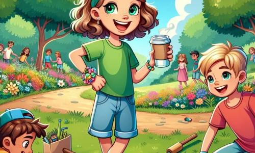 Ein 12-jähriges Mädchen, Lena, mit brünetten Locken trägt ein grünes T-Shirt und eine Jeansshorts. Sie hat ein strahlendes Lächeln und funkelnde Augen, hält einen Pappbecher Kaffee in einer Hand und ein Schild mit der Aufschrift "Schützen wir unseren Park!" in der anderen. Neben ihr steht Tom, ein 12-jähriger Junge mit kurzen blonden Haaren, der eine blaue Mütze und ein rotes T-Shirt trägt, er hält eine Schaufel und schaut Lena bewundernd an. Mia, ein weiteres 12-jähriges Mädchen mit langen glatten Haaren, trägt ein Blumenkleid und zeichnet einen Baum auf ein großes Plakat, während sie auf dem Gras sitzt. Der Ort ist ein grüner Park mit majestätischen Bäumen, bunten Blumen und einem strahlend blauen Himmel. Familien spazieren und Kinder spielen in der Ferne, während sich eine Gruppe Jugendlicher um Lena versammelt und aufmerksam ihren Ideen lauscht. Die Hauptsituation zeigt Lena und ihre Freunde, die eine Aufräum- und Baumpflanzaktion organisieren, umgeben von Müllsäcken und begeisterten Jugendlichen, die bereit sind, ihren Teil zum Schutz der Umwelt beizutragen.