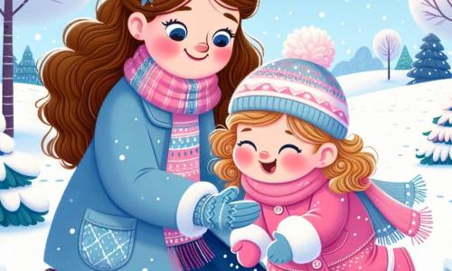 Een meisje van 1 jaar met roze wangen en krullend blond haar glimlacht vrolijk terwijl ze in de sneeuw speelt. Ze draagt een felroze winteroverall met witte wanten en een pomponmuts. Naast haar kijkt haar moeder, een vrouw van ongeveer 30 jaar met lang bruin haar, met een tedere glimlach toe. Ze draagt een blauwe jas en een kleurrijke sjaal, terwijl ze bij een met sneeuw bedekte boom staat. Het landschap is een prachtig winterpark met besneeuwde bomen, sneeuwvlokken die zachtjes uit de heldere blauwe lucht vallen, en witte heuvels die zich zover het oog reikt uitstrekken. Het meisje is sneeuw aan het verzamelen om een sneeuwbal te maken, lachend terwijl ze deze de lucht in gooit, verwonderd door de magie van de winter.