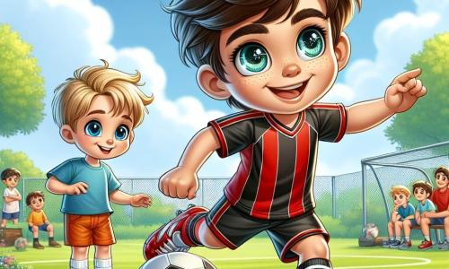 Die Hauptfigur ist ein 12-jähriger Junge namens Max mit zerzausten braunen Haaren und funkelnden Augen voller Entschlossenheit. Er trägt ein rot-schwarzes Fußballtrikot, eine passende Shorts und glänzende Sportschuhe. Max dribbelt einen Fußball auf einem grünen Feld und zeigt ein breites Lächeln voller Freude und Konzentration. Neben ihm steht Leo, ein 6-jähriger Junge mit blonden Haaren und strahlend blauen Augen. Er trägt ein blaues T-Shirt und eine orangefarbene Shorts und schaut Max bewundernd an, die Arme erhoben zur Ermutigung. Leo steht etwas im Hintergrund, bereit zu lernen und zu versuchen, Max' Bewegungen nachzuahmen. Die Szene spielt auf einem sonnigen Fußballplatz, umgeben von grünen Bäumen und bunten Blumen. Im Hintergrund spielen Kinder und Eltern sitzen auf Bänken und genießen den schönen Tag. Die Hauptsituation zeigt Max, der Leo zeigt, wie man den Ball dribbelt, mit dynamischen und energiegeladenen Bewegungen, die Freundschaft und die gemeinsame Leidenschaft für Fußball illustrieren.