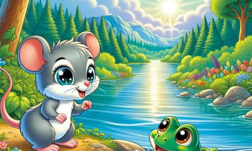 Eine kleine Maus namens Mimi, mit weichem grauem Fell und großen, neugierigen Augen, steht am Ufer eines schimmernden großen Flusses. Sie sieht aufgeregt und ein wenig nervös aus, während sie das schnell fließende Wasser betrachtet. Neben ihr ist ein netter kleiner Frosch namens Fred, mit glänzend grüner Haut und runden Augen, der bereit ist, ihr zu helfen. Fred hüpft fröhlich und ist bereit, Mimi auf seinem Rücken zu tragen. Die Szenerie zeigt eine wunderschöne Waldlandschaft mit majestätischen Bäumen, leuchtend grünen Blättern, bunten Blumen, die im Wind tanzen, und singenden Vögeln, die auf den Ästen sitzen. Der Himmel ist strahlend blau, mit einigen flauschigen weißen Wolken. Die Hauptsituation zeigt Mimi und Fred, die sich darauf vorbereiten, gemeinsam den Fluss zu überqueren, was Freundschaft und gegenseitige Hilfe in ihrem Abenteuer symbolisiert.