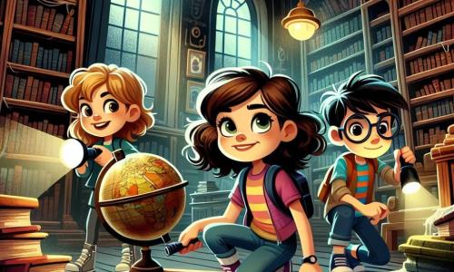 Clara, o fată de 12 ani cu păr castaniu creț și ochi strălucitori de curiozitate, stă într-o bibliotecă veche, înconjurată de rafturi înalte pline cu cărți acoperite de praf. Are un zâmbet hotărât pe față, ținând o lanternă într-o mână și un glob pământesc vechi în cealaltă, în timp ce cercetează cu atenție locul în căutarea indiciilor. Lângă ea, Alex, un băiat de 12 ani cu ochelari rotunzi și păr blond zburlit, este așezat lângă un pian vechi, examinând o bucată de hârtie misterioasă pe care a găsit-o. Maria, o fată de 11 ani cu păr drept și negru, purtând un tricou colorat, stă lângă o fereastră, uitându-se afară cu un aer de excitație, pregătită să facă un nou plan de acțiune. Biblioteca este vastă și măreață, cu pereți din lemn închis, rafturi care ajung până la tavan și lumini difuze care creează o atmosferă misterioasă. Pânzele de păianjen din colțuri adaugă o notă de aventură, în timp ce un mare glob pământesc se află în centrul camerei, înconjurat de cărți vechi. Clara și prietenii ei sunt într-o anchetă, căutând indicii pentru a rezolva un mister, într-o atmosferă de suspans, cu umbre dansând în jurul lor, descoperind secrete ascunse în colțurile bibliotecii.