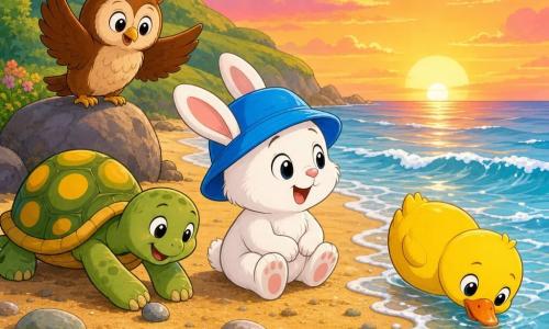 O personagem principal é um pequeno coelho branco chamado Léo, expressão alegre e maravilhada, com um chapéu azul vivo, sentado na areia olhando o mar; ao lado, uma tartaruga calma e robusta de carapaça verde com manchas amarelas que sorri e empurra uma pedrinha com a pata; uma coruja-guia marrom de grandes olhos suaves pousada num rochedo, asas ligeiramente abertas indicando o caminho; à direita de Léo, um pato amarelo arredondado, penas brilhantes, mexendo o bico na água; a praia tem areia dourada, pequenas ondas azul-claro e conchas coloridas, com uma colina verde ao fundo; a cena ocorre ao pôr do sol com cores quentes alaranjadas e rosadas, ambiente doce e seguro.