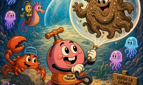 Personaggio principale: Pom Pompelmo, piccola pompa d'aria antropomorfa, rotonda e paffuta, colori pastello rosa e arancio, grandi occhi lucidi e sorriso cartoon, tiene una valvola e soffia una grossa bolla luminosa con espressione gioiosa e coraggiosa; secondario: Granchio Martello, granchio robusto con chela a forma di martello, corazza rosso-rame, aspetto amichevole e concentrato, spinge una pietra a sinistra di Pom per liberare il passaggio; secondario: Mostro del Fango, creatura di fango marrone con tentacoli morbidi e granelli di sabbia, occhi dolci e sollevati dalla bolla a destra in segno di gratitudine; altri: piccole meduse luminose e un cavalluccio marino sullo sfondo in neon blu e viola che fluttuano come lanterne; ambientazione: tunnel sottomarino roccioso che conduce a una grande bolla d'aria trasparente, sabbia dorata, coralli arancioni e porpora, raggi di luce filtrati e alghe ondeggianti; situazione: Pom soffia la bolla gigante sotto il Mostro del Fango per liberarlo mentre il Granchio spinge la pietra, composizione centrale, atmosfera calda e cooperativa, colori vivaci e contorni spessi in stile cartoon rétro.