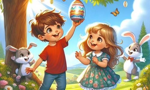 Max, a 6-year-old boy with messy brown hair and a red t-shirt, stands under a large tree with his arms raised in victory, holding a sparkling Easter egg in his hands. Next to him, Lily, a 5-year-old girl with long blonde hair in a blue floral dress, dances joyfully, her eyes sparkling with happiness. Their friend, Mr. Bunny, a rabbit with large white ears and a warm smile, stands slightly back, hands on his hips, watching the children with amusement. The scene takes place in a sunny garden filled with colorful flowers, fluttering butterflies, and vibrant green grass. In the background, a light blue sky with fluffy white clouds adds to the cheerful atmosphere. The children have just discovered the large sparkling Easter egg hanging from a branch, and their expressions of surprise and joy illuminate the picture, capturing the magical spirit of this Easter egg hunt.