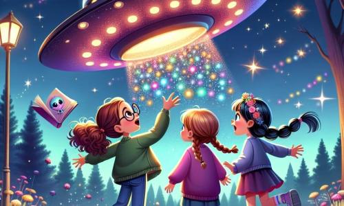 Într-un parc magic sub un cer înstelat, trei fete stau împreună, fețele lor fiind iluminate de lumina strălucitoare a unei farfurii zburătoare. Maria, o fată de 10 ani cu părul castaniu creț și ochelari rotunzi, privește cu uimire farfuria, ochii ei strălucind de curiozitate. Ana, o fată de 9 ani cu părul blond împletit, sare de bucurie, brațele ridicate spre cer, plină de entuziasm. Sofia, o fată de 10 ani cu părul negru drept și o pălărie colorată, ține o carte de povești deschisă, pregătită să împărtășească povești cu noii lor prieteni. Farfuria zburătoare, strălucitoare și colorată, plutește deasupra lor, înconjurată de lumini multicolore care dansează în aer. Scena degajă o atmosferă de magie și aventură, în timp ce fetele se pregătesc să intre în farfurie pentru a-l întâlni pe un extraterestru prietenos numit Zirk, care le așteaptă cu un zâmbet larg.