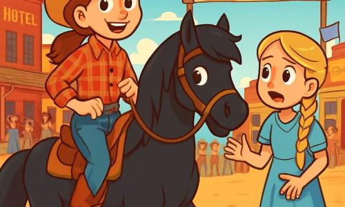 Clara, o cowgirl curajoasă de aproximativ 12 ani, poartă o pălărie de cowboy din paie, o cămașă cu carouri roșii și o pereche de blugi. Are ochii strălucind de determinare și un zâmbet încrezător, în timp ce ține ferm frâiele calului său năzdrăvan, Stea, un mustang negru cu coama strălucitoare. Lângă ea, Mary, o fată de 11 ani cu părul lung blond împletit, o privește pe Clara cu o expresie de îngrijorare pe față. Ea poartă o rochie din bumbac bleu deschis și cizme din piele, gesticulând în timp ce vorbește despre banda de bandiți. Scena se desfășoară în Marele Orășel Prăfos, un sat din Vestul Sălbatic cu clădiri din lemn colorate, steaguri fluturând și praf dansând în soare. Spectatorii se adună în jurul locului central, nerăbdători pentru concursul de rodeo. Clara, pregătită să înfrunte aventura, se pregătește să apere competiția împotriva bandei lui Jake cel Negru, în timp ce Mary o avertizează despre pericolele care le pândesc.