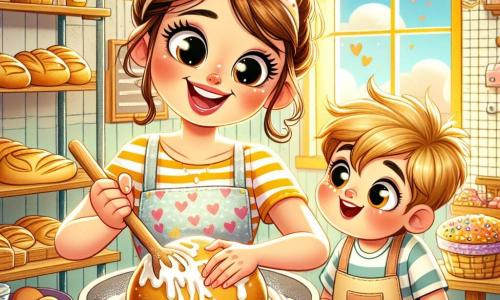 In a cozy bakery, a woman named Bella, with sparkling eyes and a bright smile, is kneading a ball of dough. She wears a colorful apron and her brown hair is tied up in a messy bun. Her face expresses joy and excitement in creating delicious pastries. Next to her is a small boy named Timmy, about 7 years old, with messy blond hair and rosy cheeks, watching in awe. He wears a striped T-shirt and a little apron that reaches his knees, holding a wooden spoon, eager to mix the ingredients. The bakery has bright yellow walls, with shelves filled with golden bread and colorful muffins. Sunlight streams through the windows, creating a cheerful and welcoming atmosphere. The scene shows Bella and Timmy mixing the dough in a large bowl, surrounded by ingredients like flour, eggs, and fruit. The air is filled with the delicious smell of baking bread, and their happiness is palpable as they share this magical moment of culinary creation.