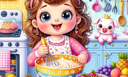 Uma menina de 4 anos, Lila, com grandes olhos brilhantes e cabelos cacheados, está misturando uma massa de bolo em uma grande tigela colorida. Ela usa um avental rosa com estampas de flores e exibe um sorriso largo, cheia de excitação e alegria. Ao seu lado, um travesso porquinho chamado Pipo, um adorável porquinho de pelúcia com orelhas grandes e rosas, observa Lila com curiosidade, pronto para ajudá-la a adicionar frutas à mistura. A cena acontece em uma cozinha iluminada e acolhedora, com paredes amarelas pastel, prateleiras cheias de potes de geleia coloridos e um grande forno ao fundo. Na mesa, frutas frescas como morangos, bananas e uvas estão espalhadas ao redor de um lindo bolo que está assando. Lila, cheia de entusiasmo, está preparando um bolo mágico para o Dia dos Pais, cercada por cores vibrantes e o delicioso aroma que preenche a cozinha.