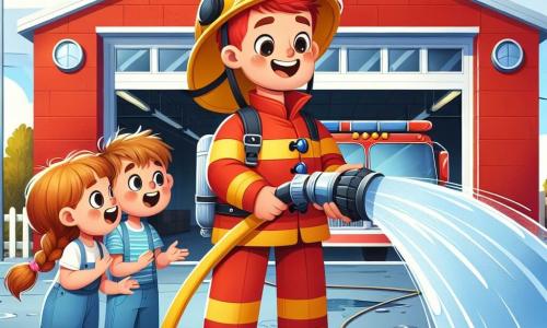 Een glimlachende brandweerman, een man van ongeveer 30 jaar met krullend rood haar, draagt een grote gele helm en een glanzend rood uniform. Hij laat een grote brandslang zien aan de kinderen, zijn gezicht straalt trots en enthousiasme uit. Naast hem staat een 8-jarig meisje met bruine vlechten en een blauwe t-shirt, die haar armen omhoog steekt en lacht, totaal verwonderd door de waterstraal die uit de slang komt. Een 7-jarig jongetje met messy blond haar kijkt met grote ogen toe, terwijl hij een te grote brandweerhelm vasthoudt, klaar om het op te zetten. De scène speelt zich af voor een grote brandweerkazerne, felrood geschilderd, met wapperende vlaggen en een grote open garagepoort, die een glanzende brandweerwagen onthult. De lucht is blauw en zonnig, en groene bomen omringen het gebouw, wat een vleugje natuur aan de omgeving toevoegt. De hoofdactiviteit toont de brandweerman die de kinderen leert hoe ze de brandslang moeten gebruiken, terwijl het water vrolijk om hen heen spettert, wat een sfeer van vreugde en leren creëert.