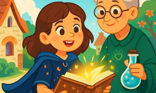 O tânără pe nume Isabella, în vârstă de aproximativ 12 ani, stă în centrul imaginii, cu ochii strălucind de uimire și un zâmbet curios pe față. Ea poartă o rochie din catifea albastră închisă, împodobită cu motive aurii, și o pelerină ușoară care flutură în jurul ei, dezvăluind părul ei castaniu ondulat. În mână, ține o carte veche cu pagini îngălbenite, din care răzbate o lumina magică. Lângă ea, o femeie în vârstă, vrăjitoarea, de aproximativ 70 de ani, cu părul gri în coc și ochelari rotunzi, o observă pe Isabella cu un zâmbet binevoitor. Ea poartă o rochie din in verde închis, decorată cu simboluri mistice, și ține în mână o sticlă cu o poțiune strălucitoare. În fundal, un sat medieval pitorești se desfășoară, cu case din piatră cu acoperișuri din stuf, străzi pavate și copaci înfloriți. Cerul este de un albastru strălucitor, presărat cu nori albi pufoși, iar păsările zboară vesele. Scena o arată pe Isabella descoperind puterea magică a cărții vechi, înconjurată de o aură luminoasă, în timp ce vrăjitoarea o încurajează să exploreze misterele magiei.