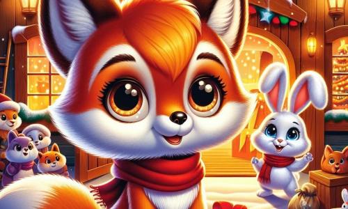 Zorrito, un pequeño zorro de pelaje rojo brillante y ojos chispeantes de curiosidad, se encuentra frente a la puerta del cálido taller de Papá Noel, mostrando una expresión de emoción y anticipación. A su lado, Conejito, un adorable conejo de grandes orejas y pelaje blanco, mira con asombro, su rostro radiante de alegría y entusiasmo. El taller es un lugar mágico, iluminado por guirnaldas centelleantes, con juguetes coloridos esparcidos por doquier, copos de nieve cayendo suavemente afuera, y un gran árbol de Navidad decorado en el centro, creando una atmósfera festiva y acogedora. Zorrito y Conejito están a punto de entregar una carta a Papá Noel, un momento crucial donde la amistad y la magia de la Navidad se encuentran, llenando el aire de una suave melodía de alegría y esperanza.