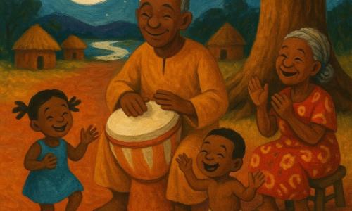 Bamba, hombre sonriente y sereno de piel oscura, cabello corto entrecano y túnica ocre, toca suavemente un gran tambor redondo pintado en nácar blanco y cobre; a su izquierda, Nana, abuela de unos 70 años de piel curtida y trenzas grises, vestida con un pagne rojo y amarillo, aplaude sentada en un pequeño taburete; dos niños —una niña de 6 años con coletas y vestido azul y un niño de 8 con pelo corto y pantalón corto beige— bailan descalzos sobre la tierra roja con las manos alzadas y risas; un viejo grillo verde oscuro está posado en un mechón de hierba cerca del tambor como si cantara; la escena ocurre de noche en un claro de un pueblo africano junto a un baobab y una ribera que refleja la luna, con chozas de barro y techo de paja, polvo rojo y hierbas amarillas iluminados por la luna, ambiente cálido y colores ocres, rojos y toques plateados.