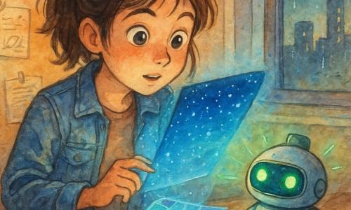 Fată de 12 ani, Lina, cu fața curioasă și concentrată, ochii mari și strălucitori, păr brun în coadă dezordonată și o jachetă de jeans uzată, stând aplecată peste un birou și ținând o mică oglindă de buzunar deschisă, tremurând de uimire; jucărie-robot Pâlp, mic și rotund, cu ochi LED verzi și capacul bateriei strâmb, emisii luminoase verzi, pe colțul biroului, bipând și privind oglinda; oglinda proiectează un cer înstelat albastru intens plin de puncte luminoase ca niște pești și o hartă holografică translucidă în tonuri cyan și violet se înalță deasupra lemnului biroului; camera este un apartament urban mic și îngrămădit, cu hârtii zgâriate pe perete, o fereastră aburită cu picături de ploaie verticale și siluete de turnuri luminate în depărtare, lumină caldă în interior contrastând cu ploaia rece; situația: Lina descoperă în oglindă o imagine magică — cer înstelat animat și hartă holografică care se ridică din oglindă — iar Pâlp reacționează, creând o scenă ce îmbină știința cu fantezia, într-o atmosferă misterioasă, blândă și luminoasă.