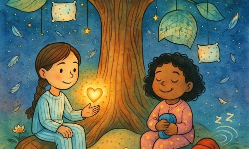 Drie personages: Lina (ongeveer 8) met bruine gevlochten haren en lichtblauwe gestreepte pyjama, links zittend op een dikke wortel van de Grote Slaapboom met haar hand op een klein hartvormig licht; Noor (ongeveer 7) met zwarte krullen en roze sterrenpyjama, rechts zittend, glimlachend met halfgesloten ogen en een opgerolde mini-dekentje; de oude zachte schildpad Snurkeuse met groene schild en beige motieven, klein rood nachtmutsje, slapend op een stronkje rechtsvoor en zuchtend kleine golven die theeblaadjes doen golven. Plaats: onder de Grote Slaapboom met brede stam, doorschijnende bladachtige als muziekpapier, kussenachtige wortels, crèmemos en drijvende theebloemen, zachte amber- en blauwtinten en mini-kussenlichtjes in de takken. Situatie: de meisjes luisteren naar een klein hartlicht tussen hun handen dat langzaam pulserend warm straalt, verlichte pluisjes en mini-kussens dwarrelen zacht neer, vredige, speelse sfeer met serene, samenzweerderige glimlachen.