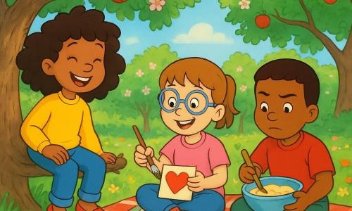 Er zijn 3 personages: - Sam, een meisje van 7 jaar met krullend haar en een felgele trui, zit glimlachend op een lage tak van een appelboom, terwijl haar benen bungelen. - Timo, een meisje van 7 jaar met korte vlechtjes en een bril met een sterrenpatroon, zit op een picknickkleed en houdt een penseel en kleurrijke kaarten vast. - Raf, een jongen van 7 jaar met kort haar en soms een rollator, zit naast Timo en houdt een kom met pannenkoekenbeslag vast met een geconcentreerde uitdrukking. De locatie is een zonnige boomgaard met bloeiende appelbomen, zonnestralen die door de takken filteren, en een tapijt van kleurrijke wilde bloemen op de grond. De hoofdsituatie toont de kinderen die kaarten en pannenkoeken voorbereiden voor Moederdag, omringd door felle kleuren en gelach, terwijl vogels boven hen in de bomen zingen.
