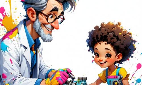 No centro da imagem, o personagem principal, o Doutor Zé, é um homem de meia-idade com cabelos desgrenhados e óculos redondos. Ele usa um jaleco colorido, cheio de manchas de tinta, e exibe um grande sorriso de excitação enquanto ajusta uma máquina brilhante com engrenagens coloridas. À sua direita, Ana, uma menina de cerca de 10 anos com cabelos cacheados e uma camiseta com estampas de flores, observa atentamente o doutor, com os olhos brilhando de curiosidade. À sua esquerda, Bruno, um menino de 9 anos com óculos quadrados e um short azul, segura um desenho de sua invenção, sorrindo, pronto para compartilhar a ideia. O cenário é o ateliê do Doutor Zé, uma sala cheia de máquinas estranhas, tubos coloridos e papéis espalhados, com prateleiras cheias de ferramentas e livros sobre ciência. Luzes cintilantes e cores vibrantes criam uma atmosfera mágica e inspiradora. A situação principal mostra o Doutor Zé explicando às crianças como funciona a invenção, cercado por suas incríveis criações, enquanto Ana e Bruno ouvem atentamente, ansiosos para participar da aventura da invenção.