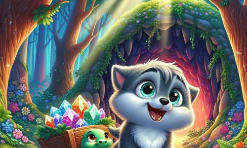 Lino, un pequeño lobo de pelaje gris y ojos llenos de curiosidad, se encuentra frente a la entrada de la misteriosa Cueva de los Ecos. Su expresión refleja asombro, con una gran sonrisa que revela su entusiasmo por la aventura. Empuja una carretilla colorida hecha de ramas y hojas, llena de piedras preciosas brillantes. A su lado está Tula, una tortuga de caparazón verde y ojos dulces, que muestra una expresión de alegría y emoción. Ella levanta la cabeza, mirando a Lino con admiración, lista para acompañarlo en esta exploración mágica. El escenario es un bosque encantado, con árboles majestuosos y hojas de un verde brillante. Flores multicolores adornan el suelo, y la luz del sol filtra a través del follaje, creando sombras danzantes. La entrada de la caverna es oscura y misteriosa, rodeada de lianas y piedras brillantes. Lino y Tula están juntos frente a la caverna, listos para entrar y descubrir los secretos ocultos en su interior, mientras luciérnagas iluminan el aire a su alrededor, añadiendo un toque de magia al momento.