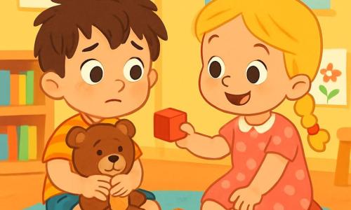 A 4-year-old boy named Leo, with messy brown hair and sparkling eyes, is sitting on a soft rug, firmly holding his teddy bear, Brownie. He has a hesitant yet curious expression on his face, with a slight smile indicating he is starting to feel comfortable. Next to him, a 4-year-old girl named Mia, with braided blonde hair and a polka-dotted pink dress, is joyfully smiling while showing him a red block. She is sitting on the rug, slightly leaning towards Leo, encouraging him to play. The setting is a bright and welcoming classroom, with pastel yellow walls, shelves filled with colorful books, and children's drawings hanging on the walls. Soft rugs and small wooden furniture add a warm touch to the environment. The main situation shows Leo, a bit nervous but curious, beginning to play with Mia and the blocks, discovering the joy of making friends and exploring a new place.
