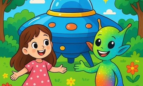 A 6-year-old girl named Lily, with long brown hair and sparkling curious eyes, stands in front of a shiny, futuristic spaceship. She wears a pink dress with white polka dots and has a big, amazed smile on her face, arms outstretched as if ready to take off. Next to her is Zippy, a colorful alien with shimmering skin and pointy ears, changing colors to blend into the environment. He joyfully smiles, showing his bright teeth, and reaches out to Lily to invite her aboard the spaceship. The setting is a lush garden filled with vibrant flowers and majestic trees under a blue sky dotted with fluffy white clouds. The spaceship, with rounded shapes and blinking lights, stands majestically in this enchanting landscape. The main scene shows Lily and Zippy preparing to board the spaceship, with twinkling stars beginning to appear in the sky, symbolizing the start of a magical intergalactic adventure.