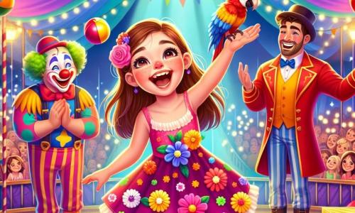 Una ragazza di 9 anni, Sofia, con lunghi capelli castani e occhi scintillanti di gioia, indossa un vestito colorato a pois e fiori. Sta ridendo a crepapelle, con le braccia alzate, in una scena vibrante di circo. Accanto a lei, un clown felice di circa 30 anni, con un naso rosso e un grande sorriso, gioca con palline multicolori, creando un'atmosfera festosa. Un addestratore di animali, Marco, un uomo robusto di quarant'anni con una voce calorosa, è vicino a lei, con un pappagallo colorato sulla spalla, pronto a ballare. Il luogo è un grande tendone da circo, con luci scintillanti e festoni colorati che fluttuano sopra il pubblico meravigliato. Il pavimento è coperto di paglia e fieno, aggiungendo un tocco rustico all'atmosfera magica. La scena principale mostra Sofia, piena di energia e felicità, che balla con Marco e il pappagallo, mentre il clown gioca accanto a loro, tutto sotto gli applausi e le risate del pubblico affascinato.
