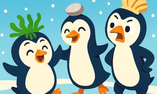 A small, round, and cute penguin named Benny, with shiny black and white feathers, wears a green seaweed hat. He has a big joyful smile and sparkling mischievous eyes, dancing and swaying on the ice. Next to him is his big sister Penny, an elegant penguin with a shiny beak, laughing heartily while balancing a small stone on her head. She looks playful and amused. A little further away, their brother Pete, a slightly larger penguin with a shell hat, is making funny faces with a comical and cheeky expression. The scene takes place on a sparkling ice floe under a light blue sky dotted with fluffy white clouds. Snowflakes gently fall around them, creating a magical atmosphere. The penguins are celebrating their secret club, joyfully dancing, singing, and holding each other's wings, surrounded by small piles of sparkling snow.